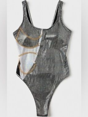 Silver Metallic Size Large Posey Gold Chain One-Piece Swimsuit